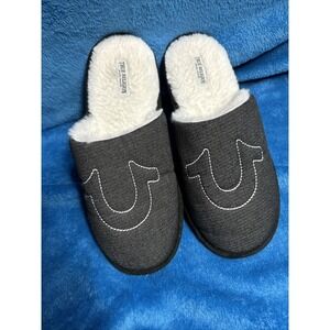 TRUE RELIGION Sherpa Slippers Mens 9-10 Blk Pile Logo Slip-On Slide